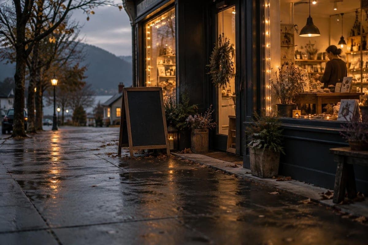 A lit shopfront on a wet street at dusk