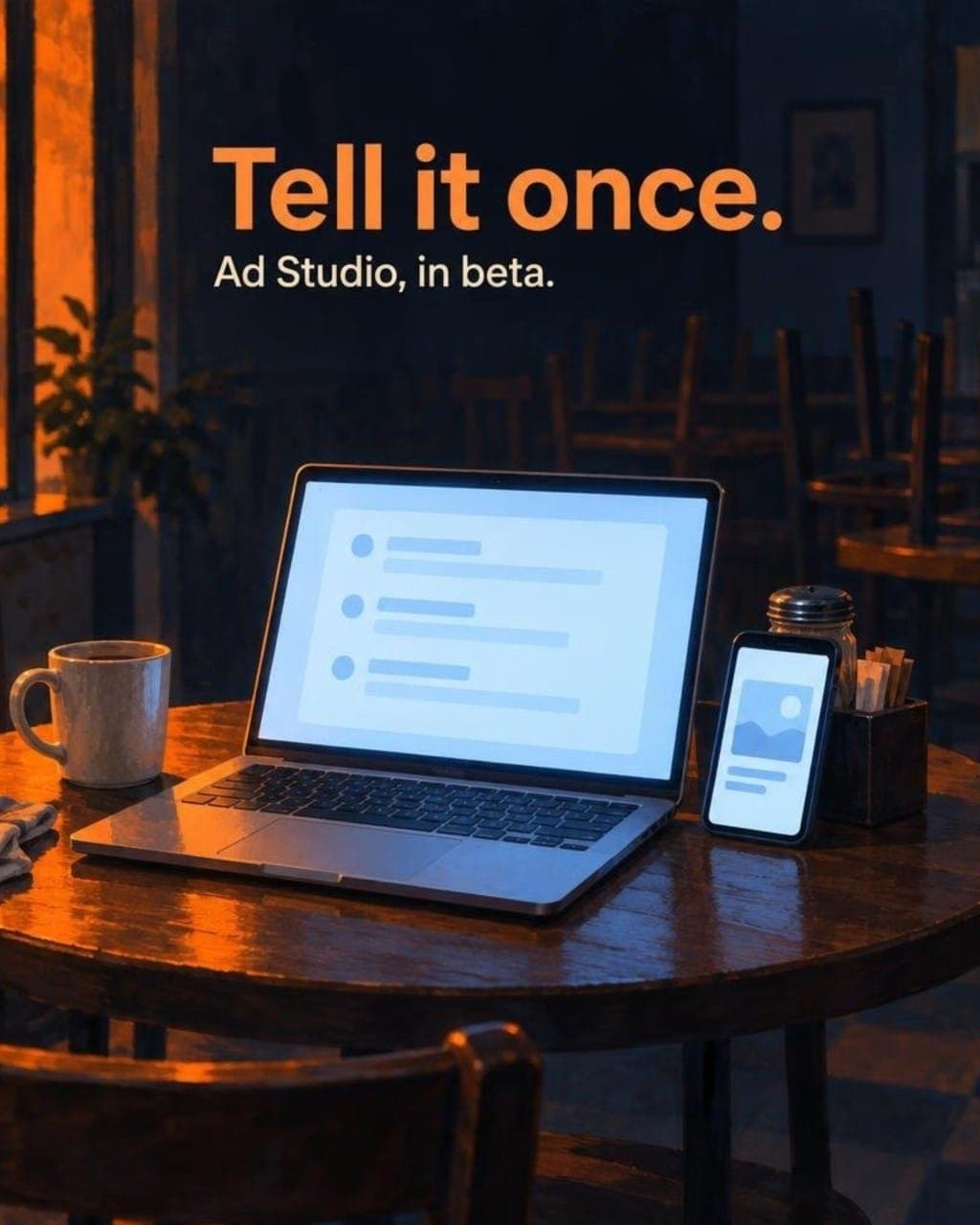 Laptop and phone on a café table at night, with the words Tell it once. Ad Studio, in beta.